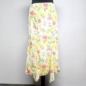 Vintage Notations Butter Yellow Petal Pink Floral Midi Skirt Cottagecore Fairy